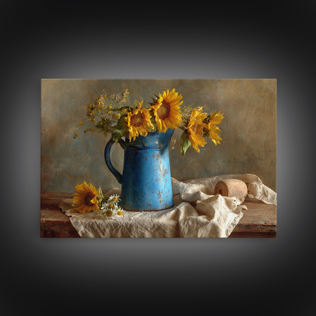 Sunflowers in a Blue Enamel Pitcher Canvas Print, Country Art, Statement Artwork, Farmhouse Decor, Fine Art, Country, COU-3x2-84