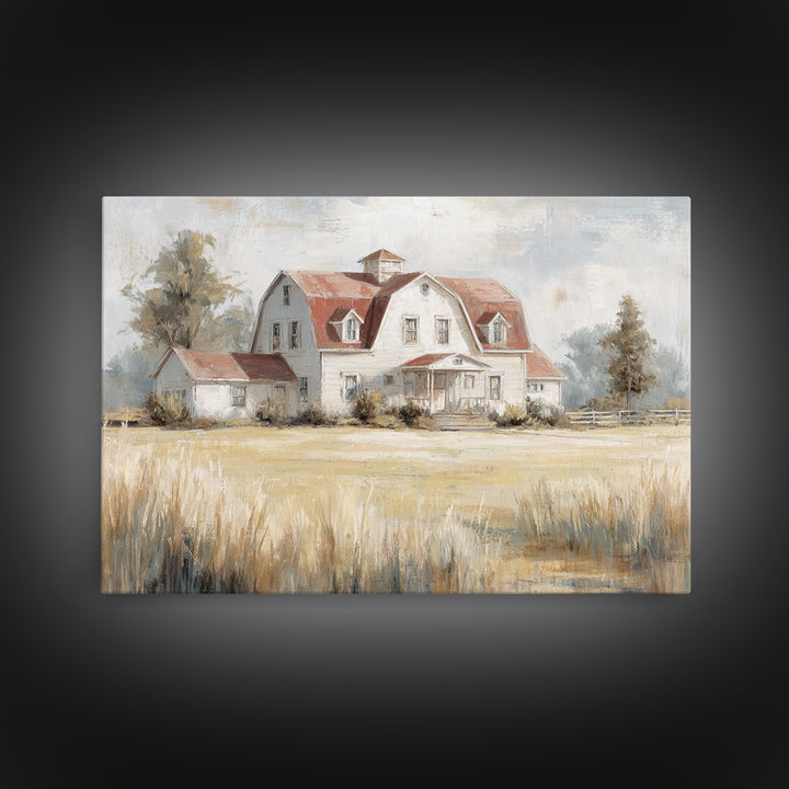 White Farmhouse Surrounded by Tall Grass Framed Canvas Print, Country Art, Watercolor Painting, Farmhouse Decor, Country, COU-3x2-86
