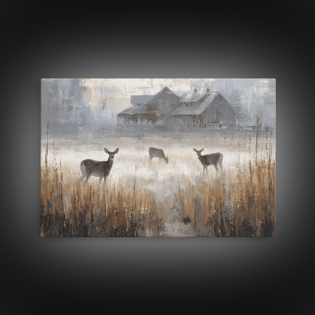 Deer Crossing a Misty Morning Field Framed Canvas Print, Country Art, Modern Decor, Farmhouse Decor, Fine Art, Country, COU-3x2-87