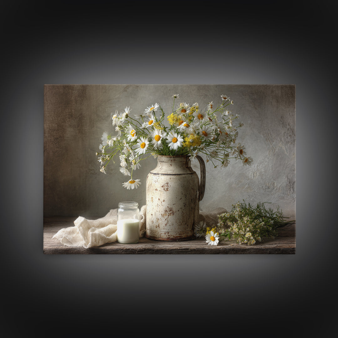 Milk Can and Daisies Rustic Still Life Canvas Print, Country Art, Gallery Wall Art, Farmhouse Decor, Oil Painting, Country, COU-3x2-89
