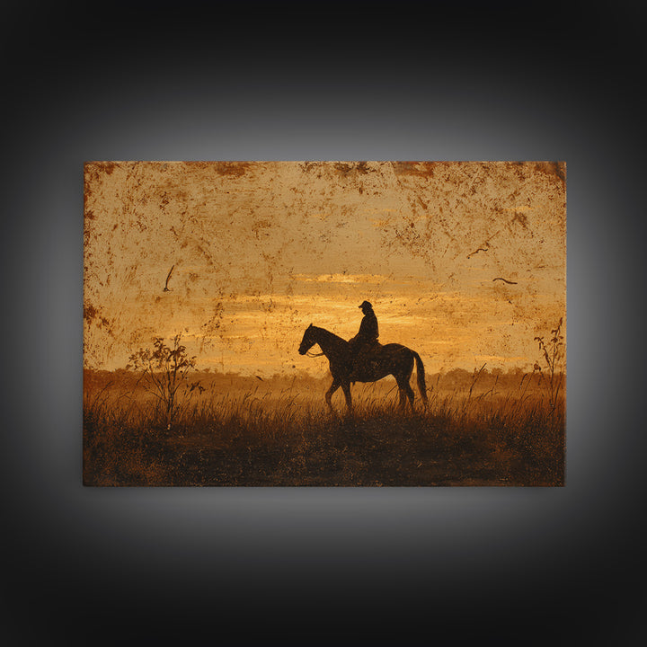 Horse and Rider Silhouette at Dusk Canvas Print, Country Art, Landscape Wall Art, Farmhouse Decor, Fine Art, Country, COU-3x2-93