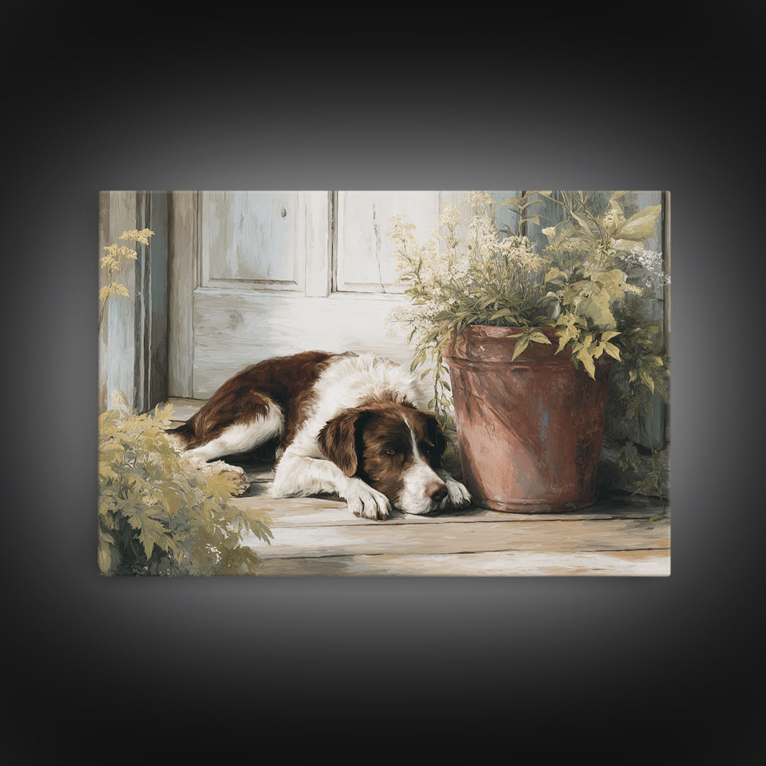 Dog Resting Beside a Porch Flower Pot Canvas Print, Country Art, Digital Art Prints, Farmhouse Decor, Oil Painting, Country, COU-3x2-98