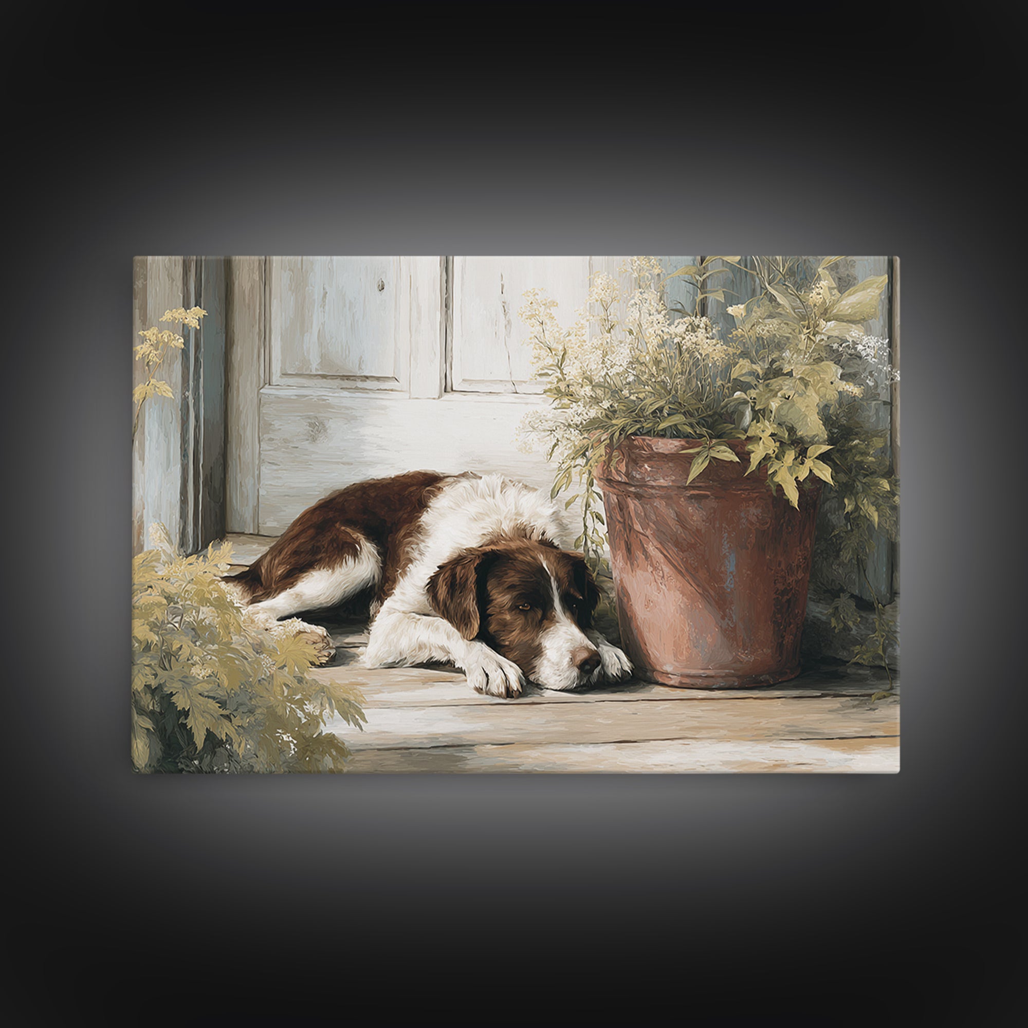 Dog Resting Beside a Porch Flower Pot Canvas Print, Country Art, Digital Art Prints, Farmhouse Decor, Oil Painting, Country, COU-3x2-98