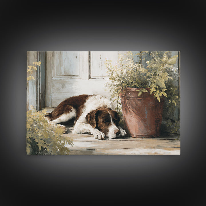 Dog Resting Beside a Porch Flower Pot Canvas Print, Country Art, Digital Art Prints, Farmhouse Decor, Oil Painting, Country, COU-3x2-98