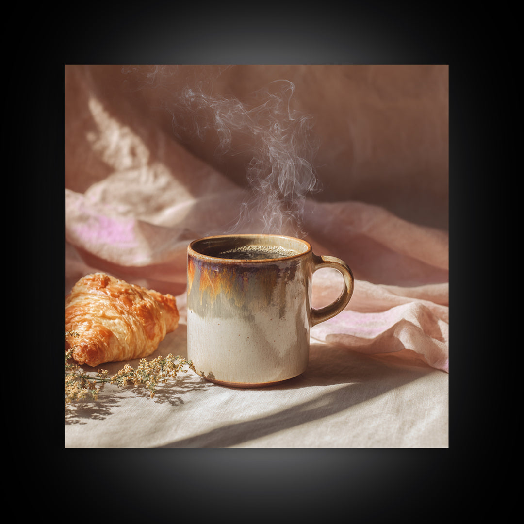 Espresso Cup with Rising Steam and Warm Framed Canvas Print, Coffee Shop Art, Modern Decor, Cafe Decor, Fine Art, Cafe, CSA-1x1-1