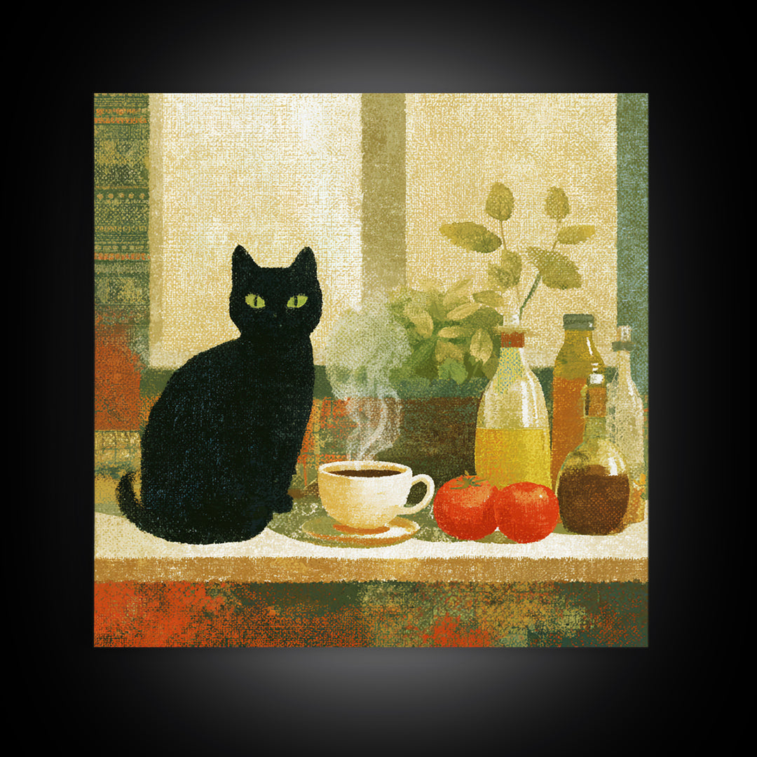 Black Cat Beside a Steaming Cup Canvas Print, Coffee Shop Art, Moody Wall Art, Cafe Decor, Fine Art, Cafe, Luxury Decor, CSA-1x1-14