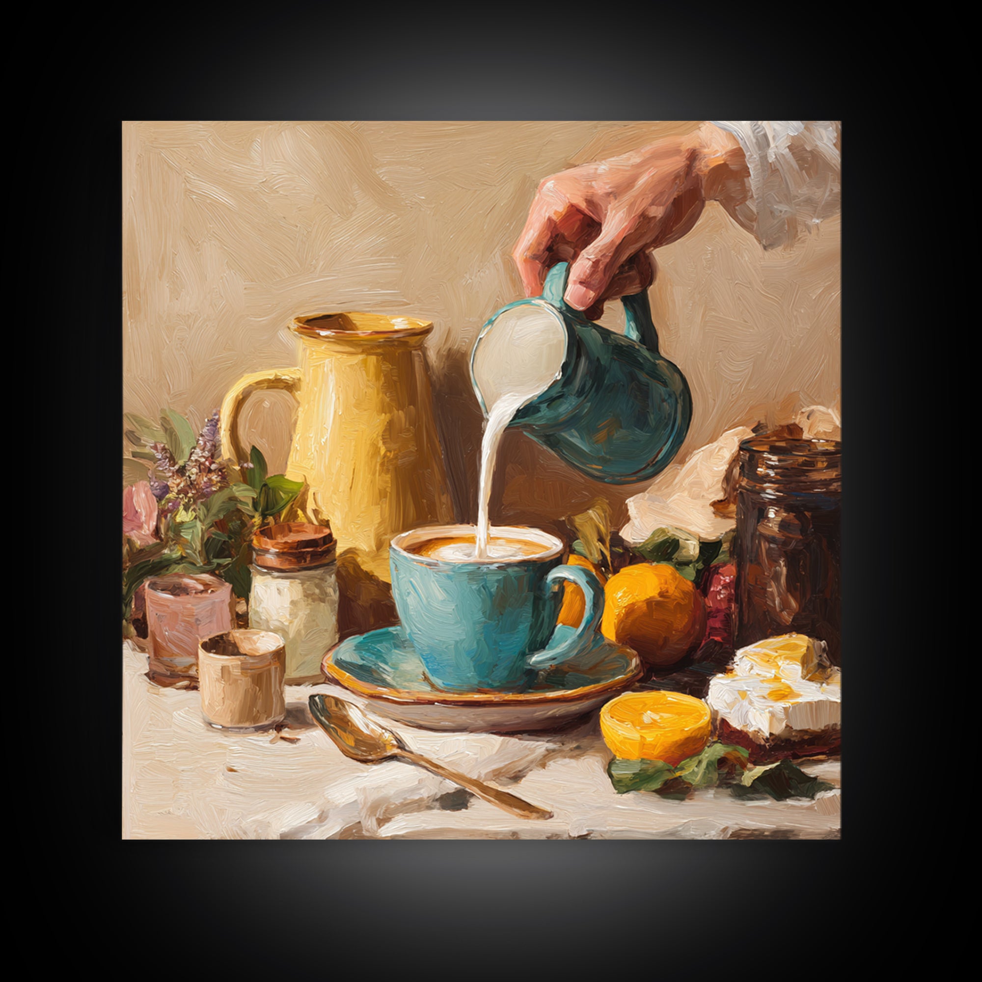 Barista Hands Pouring Milk into Espresso Framed Canvas Print, Coffee Shop Art, Neutral Decor, Cafe Decor, Fine Art, Cafe, CSA-1x1-21