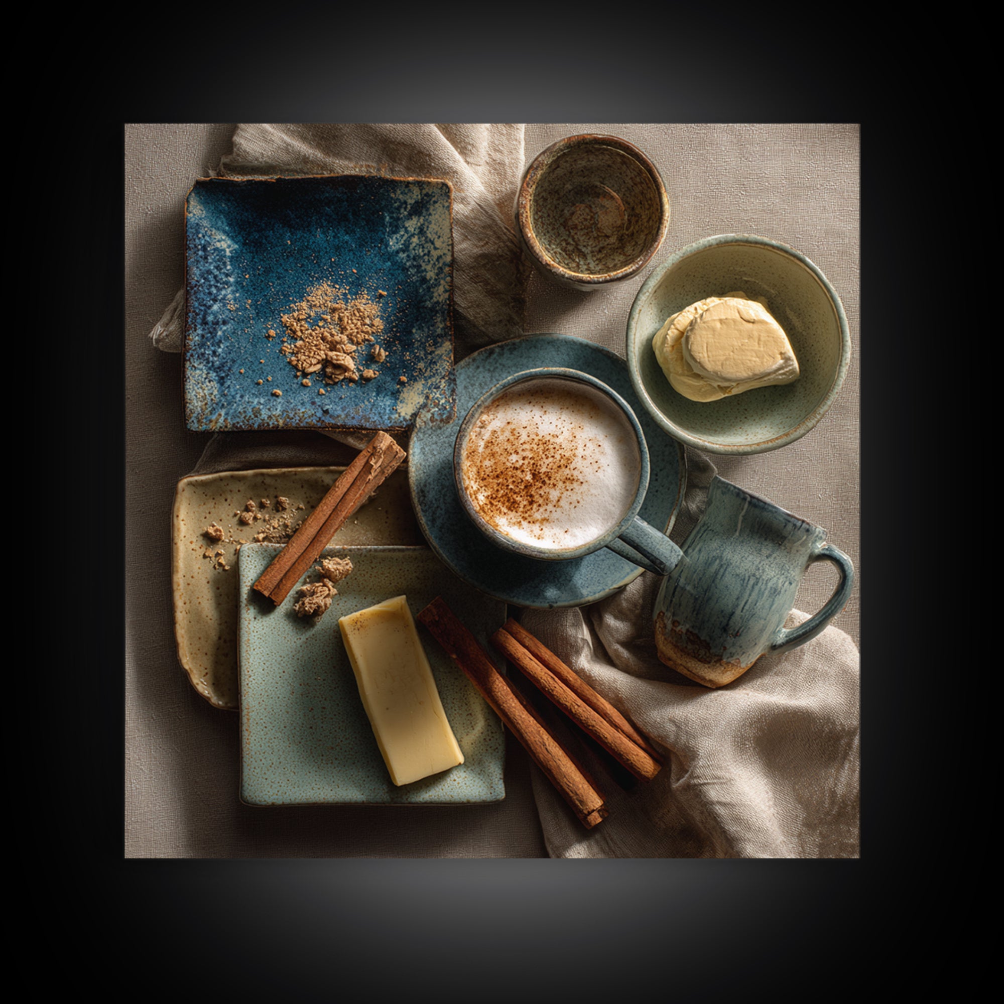Cinnamon Sticks and Cappuccino Foam Still Life Framed Canvas Print, Coffee Shop Art, Gothic Wall Art, Cafe Decor, CSA-1x1-24