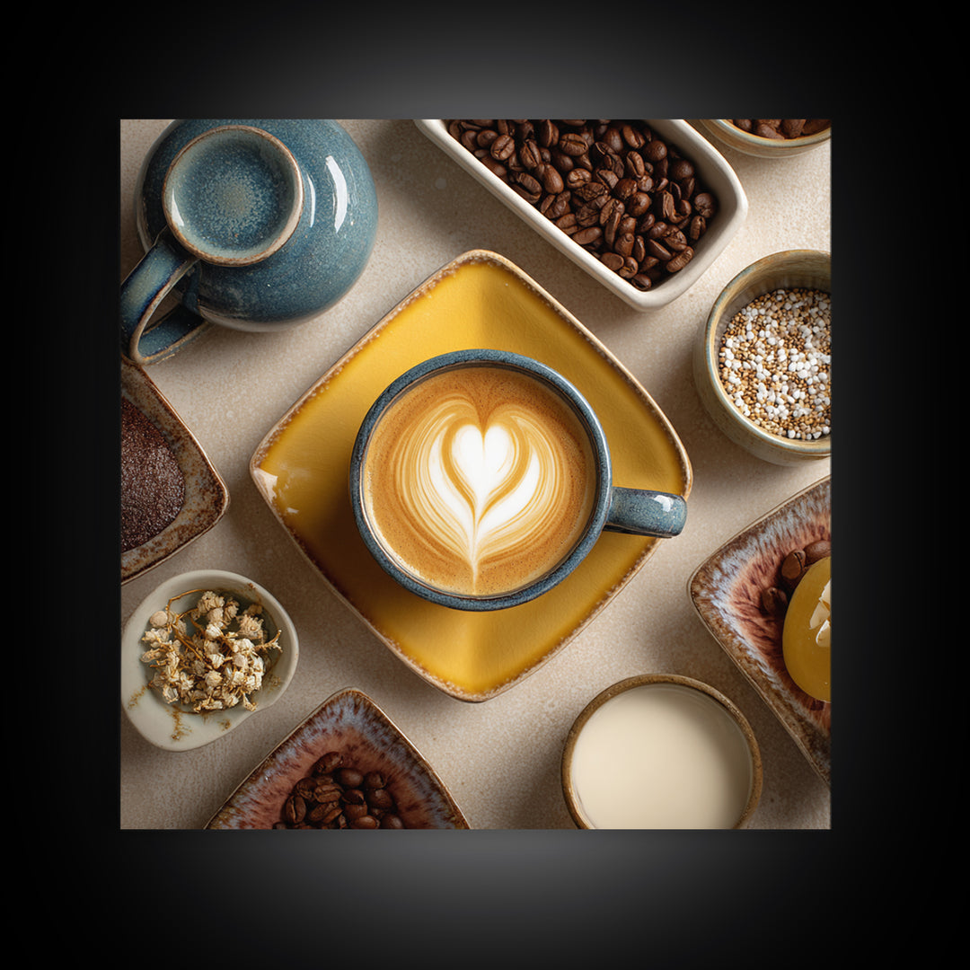 Latte Art Heart Seen from Above Framed Canvas Print, Coffee Shop Art, Digital Wall Art, Cafe Decor, Oil Painting, Cafe, CSA-1x1-28