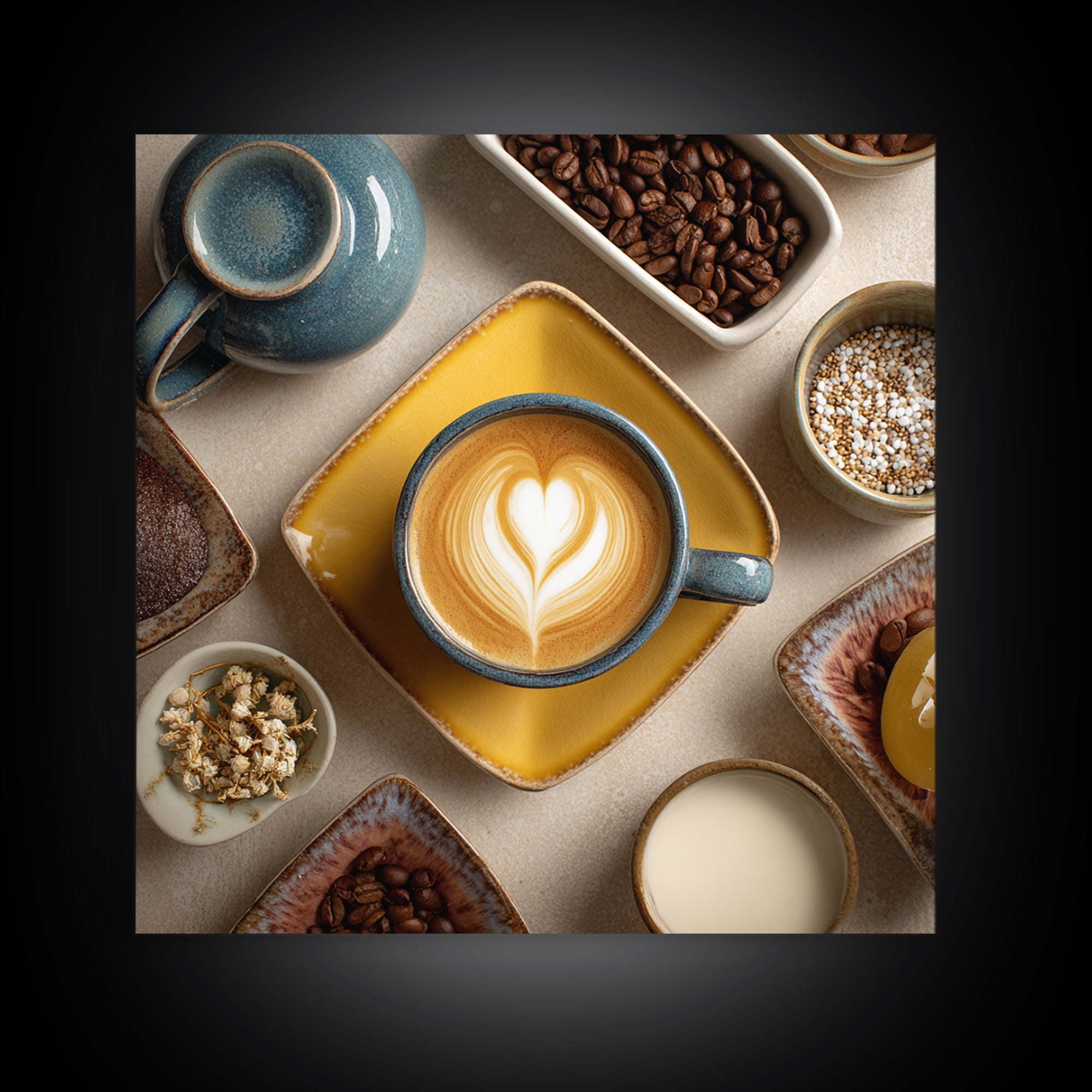 Latte Art Heart Seen from Above Framed Canvas Print, Coffee Shop Art, Digital Wall Art, Cafe Decor, Oil Painting, Cafe, CSA-1x1-28