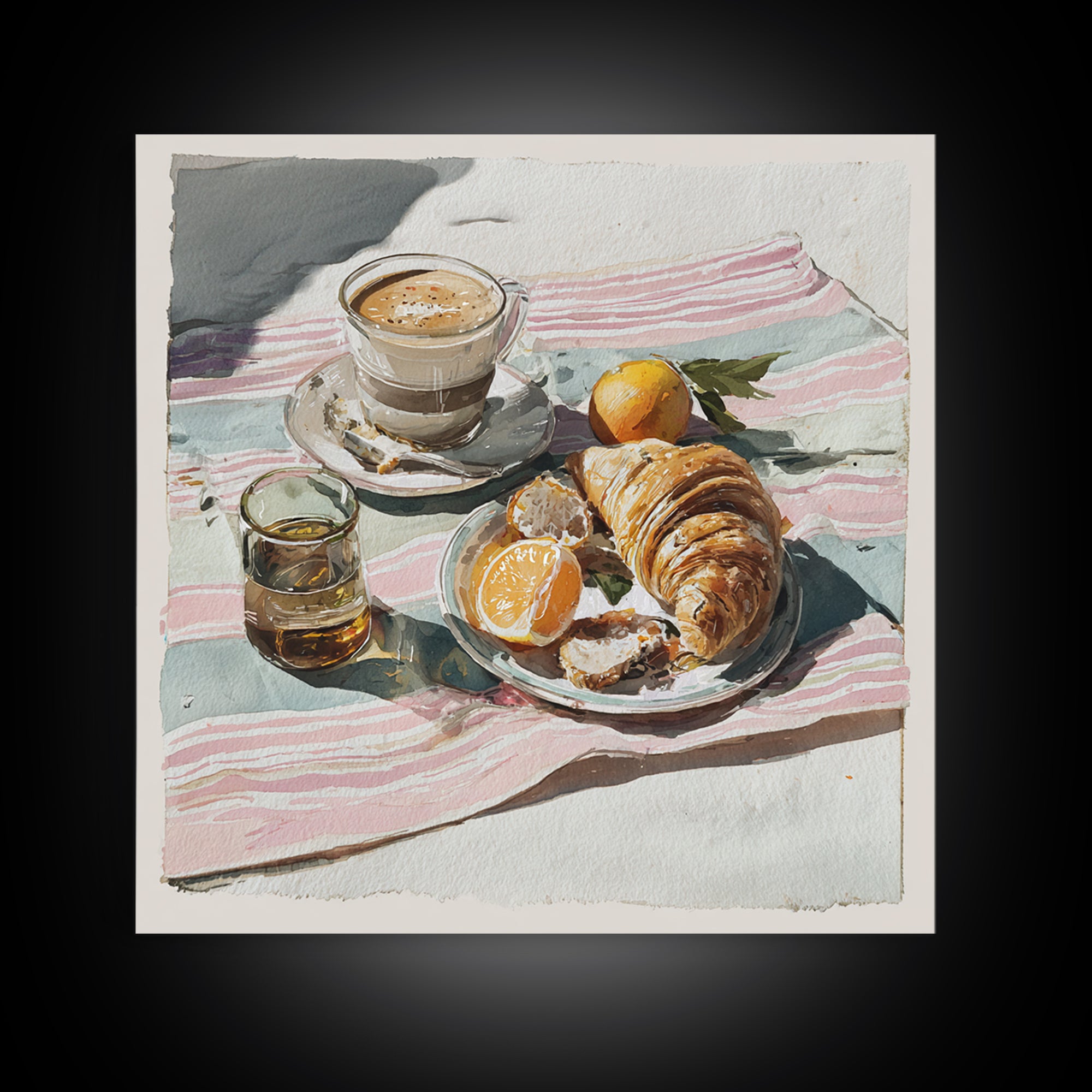 Croissant and Cappuccino on Striped Cloth Framed Canvas Print, Coffee Shop Art, Textured Painting, Cafe Decor, Fine Art, Cafe, CSA-1x1-29