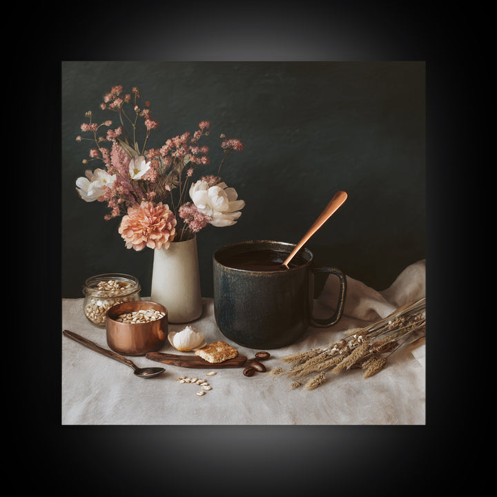 Moody Dark Roast Still Life Framed Canvas Print, Coffee Shop Art, Gallery Decor, Cafe Decor, Fine Art, Cafe, Wall Art, CSA-1x1-32
