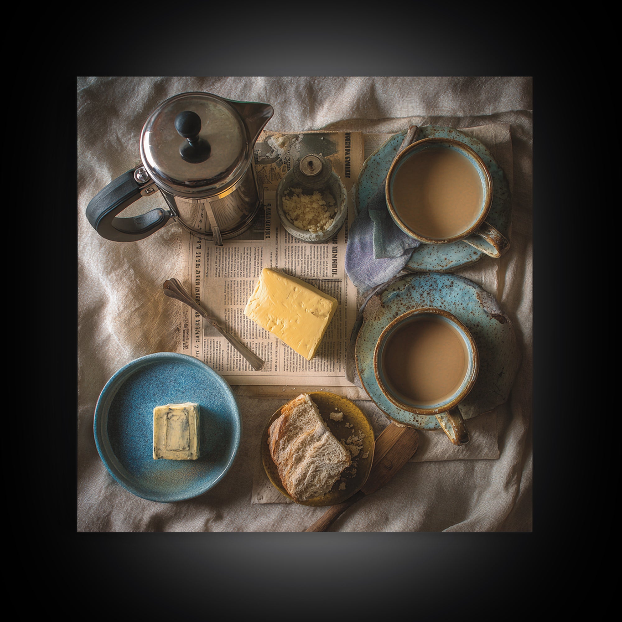 French Press and Morning Newspaper Without Readable Canvas Print, Coffee Shop Art, Coffee Wall Art, Cafe Decor, Cafe, CSA-1x1-34