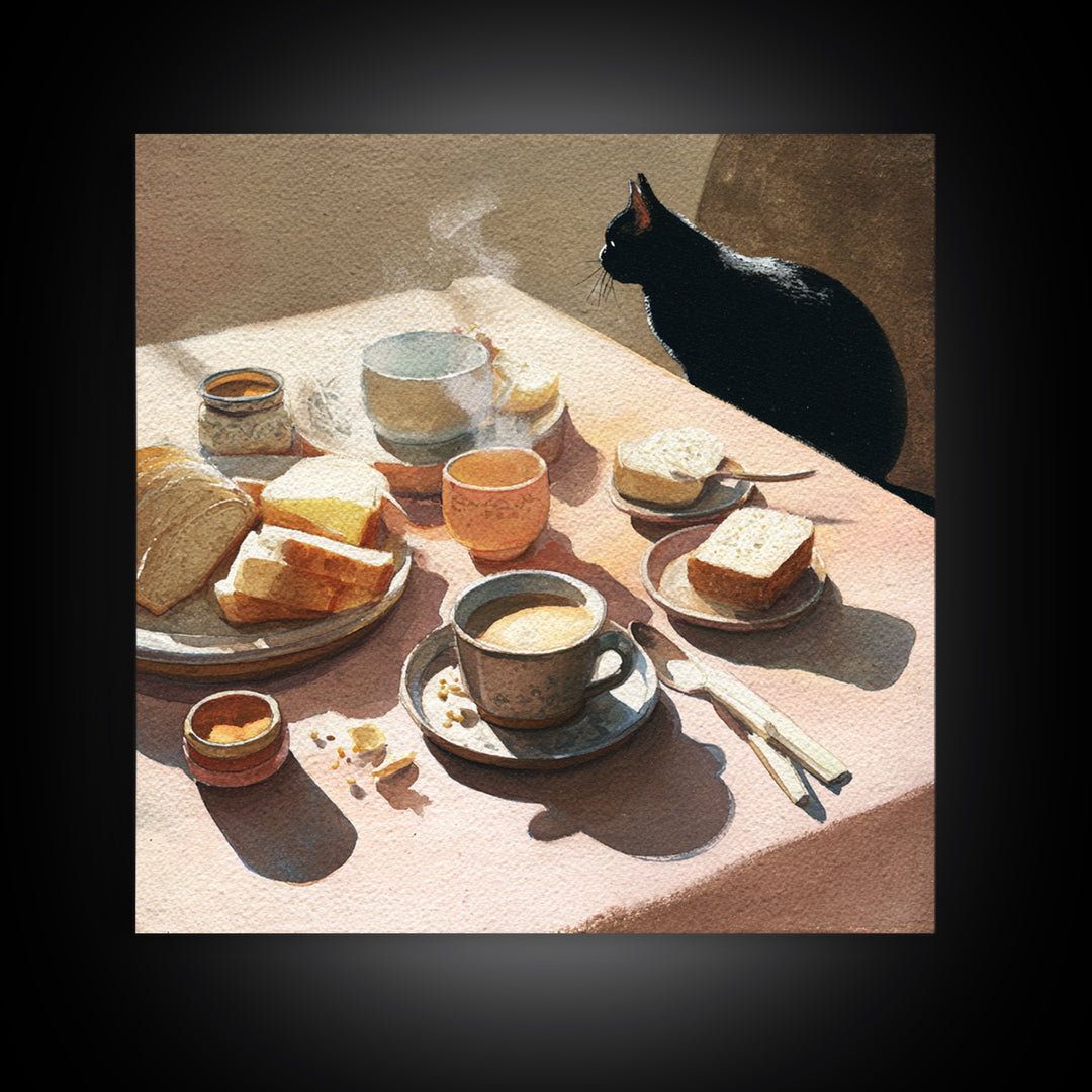 Black Cat Beside a Steaming Cup Framed Canvas Print, Coffee Shop Art, Gallery Decor, Cafe Decor, Fine Art, Cafe, Wall Art, CSA-1x1-38