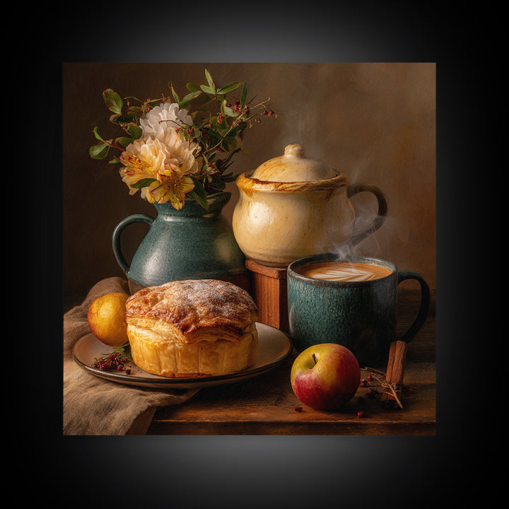 Sunlit Pastry and Coffee Arrangement Framed Canvas Print, Coffee Shop Art, Kitchen Wall Decor, Cafe Decor, Oil Painting, Cafe, CSA-1x1-43