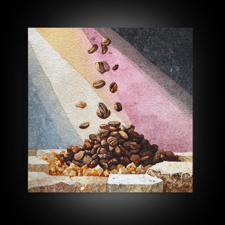 Roasted Beans Falling Through Dark Space Framed Canvas Print, Coffee Shop Art, Kitchen Wall Art, Cafe Decor, Fine Art, Cafe, CSA-1x1-44