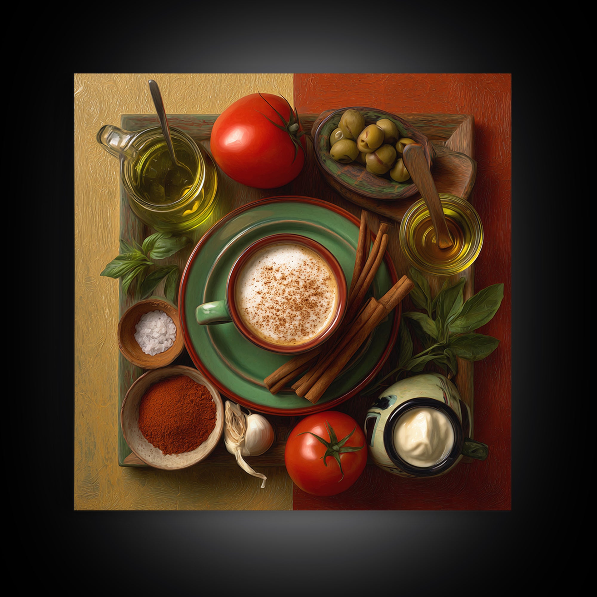 Cinnamon Sticks and Cappuccino Foam Still Life Framed Canvas Print, Coffee Shop Art, Coffee, Cafe Decor, Fine Art, Cafe, CSA-1x1-48