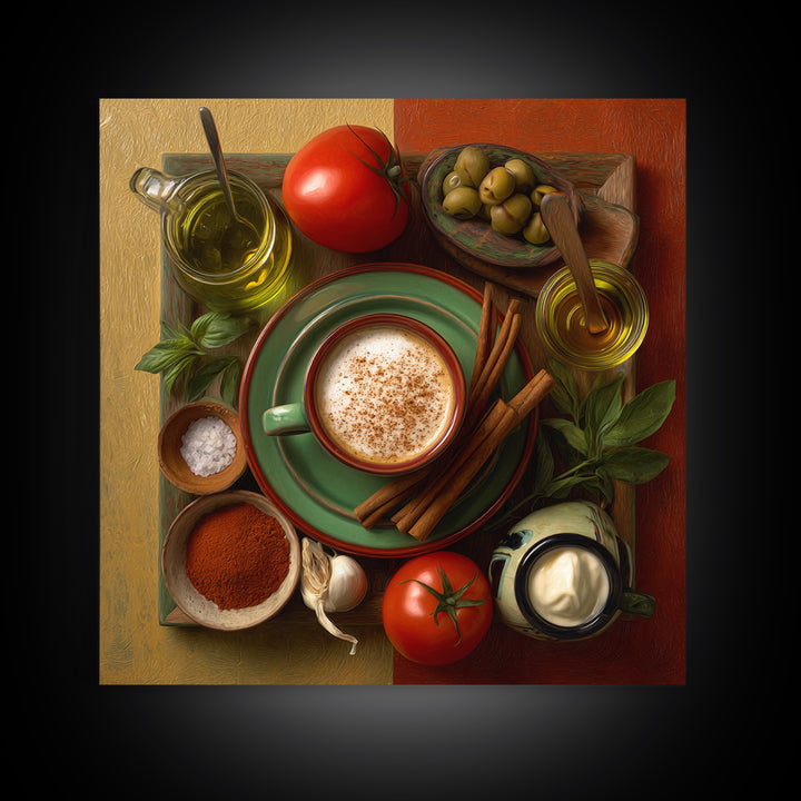 Cinnamon Sticks and Cappuccino Foam Still Life Framed Canvas Print, Coffee Shop Art, Coffee, Cafe Decor, Fine Art, Cafe, CSA-1x1-48