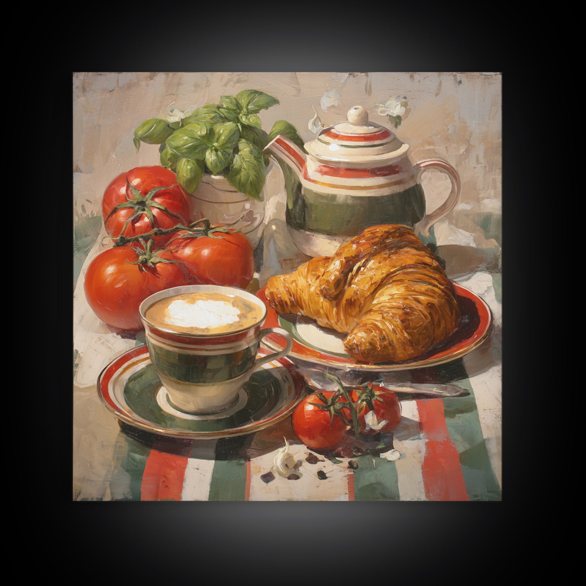 Croissant and Cappuccino on Striped Cloth Canvas Print, Coffee Shop Art, Fine Art Print, Cafe Decor, Fine Art, Cafe, Printable, CSA-1x1-5