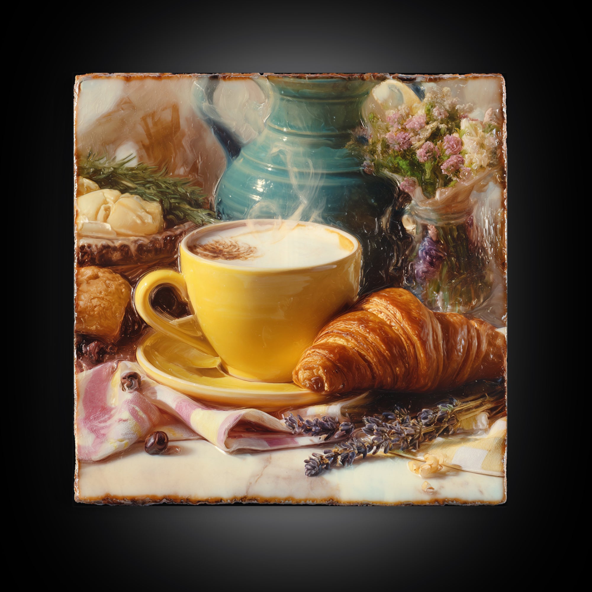 Croissant and Cappuccino on Striped Cloth Framed Canvas Print, Coffee Shop Art, Textured Painting, Cafe Decor, Fine Art, Cafe, CSA-1x1-53