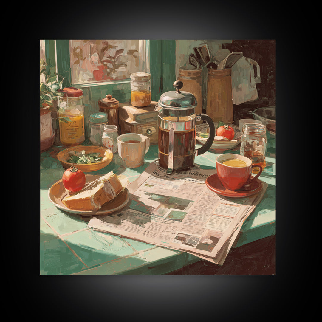 French Press and Morning Newspaper Without Readable Canvas Print, Coffee Shop Art, Coffee Wall Art, Cafe Decor, Cafe, CSA-1x1-58