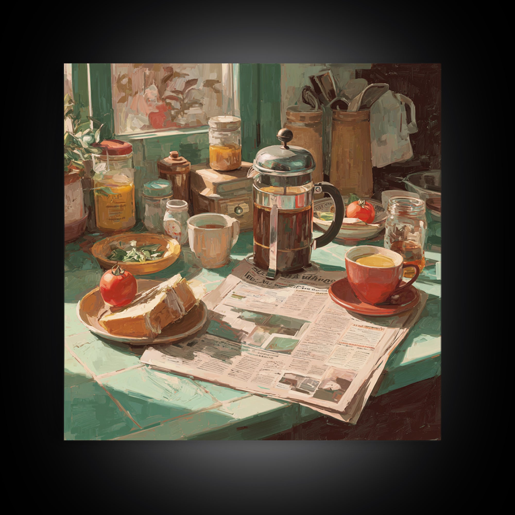 French Press and Morning Newspaper Without Readable Canvas Print, Coffee Shop Art, Coffee Wall Art, Cafe Decor, Cafe, CSA-1x1-58