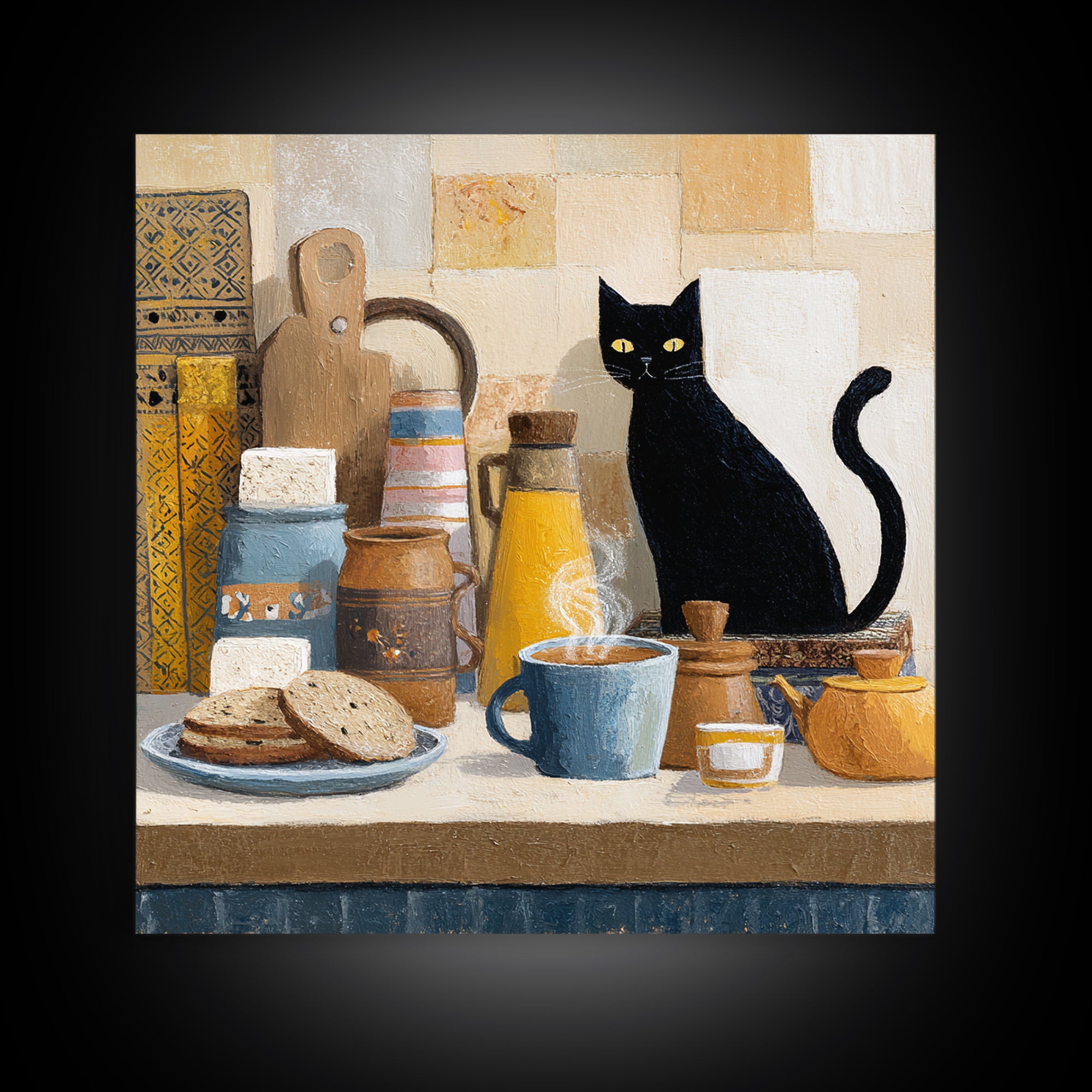Black Cat Beside a Steaming Cup Framed Canvas Print, Coffee Shop Art, Gallery Decor, Cafe Decor, Fine Art, Cafe, Wall Art, CSA-1x1-62