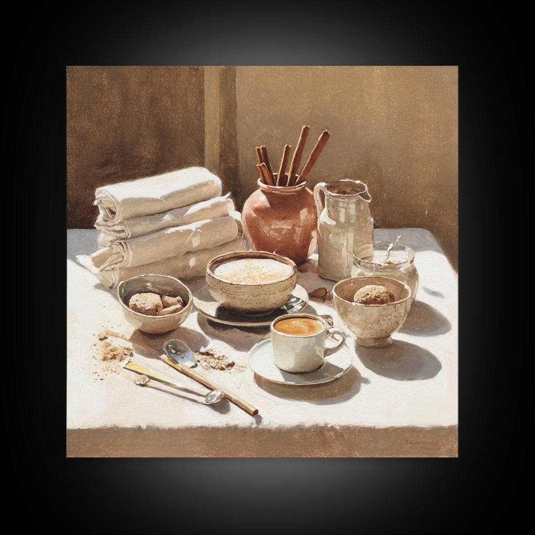 Cinnamon Sticks and Cappuccino Foam Still Life Framed Canvas Print, Coffee Shop Art, Minimalist Wall Art, Cafe Decor, CSA-1x1-72