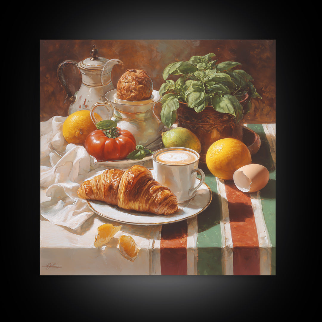 Croissant and Cappuccino on Striped Cloth Canvas Print, Coffee Shop Art, Wall Decor, Cafe Decor, Fine Art, Cafe, Kitchen Gift, CSA-1x1-77