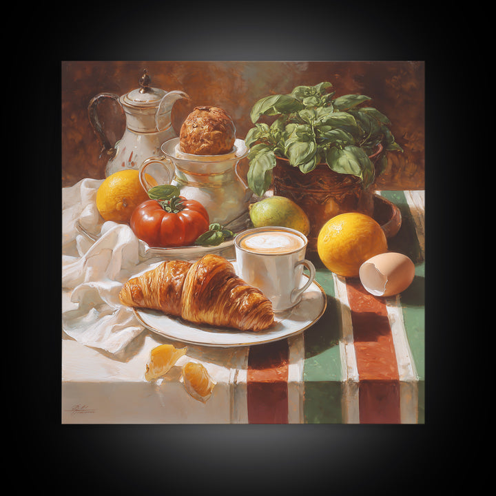 Croissant and Cappuccino on Striped Cloth Canvas Print, Coffee Shop Art, Wall Decor, Cafe Decor, Fine Art, Cafe, Kitchen Gift, CSA-1x1-77