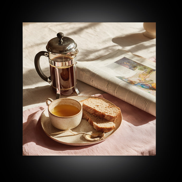 French Press and Morning Newspaper Without Readable Canvas Print, Coffee Shop Art, Boho Decor, Cafe Decor, Oil Painting, Cafe, CSA-1x1-82
