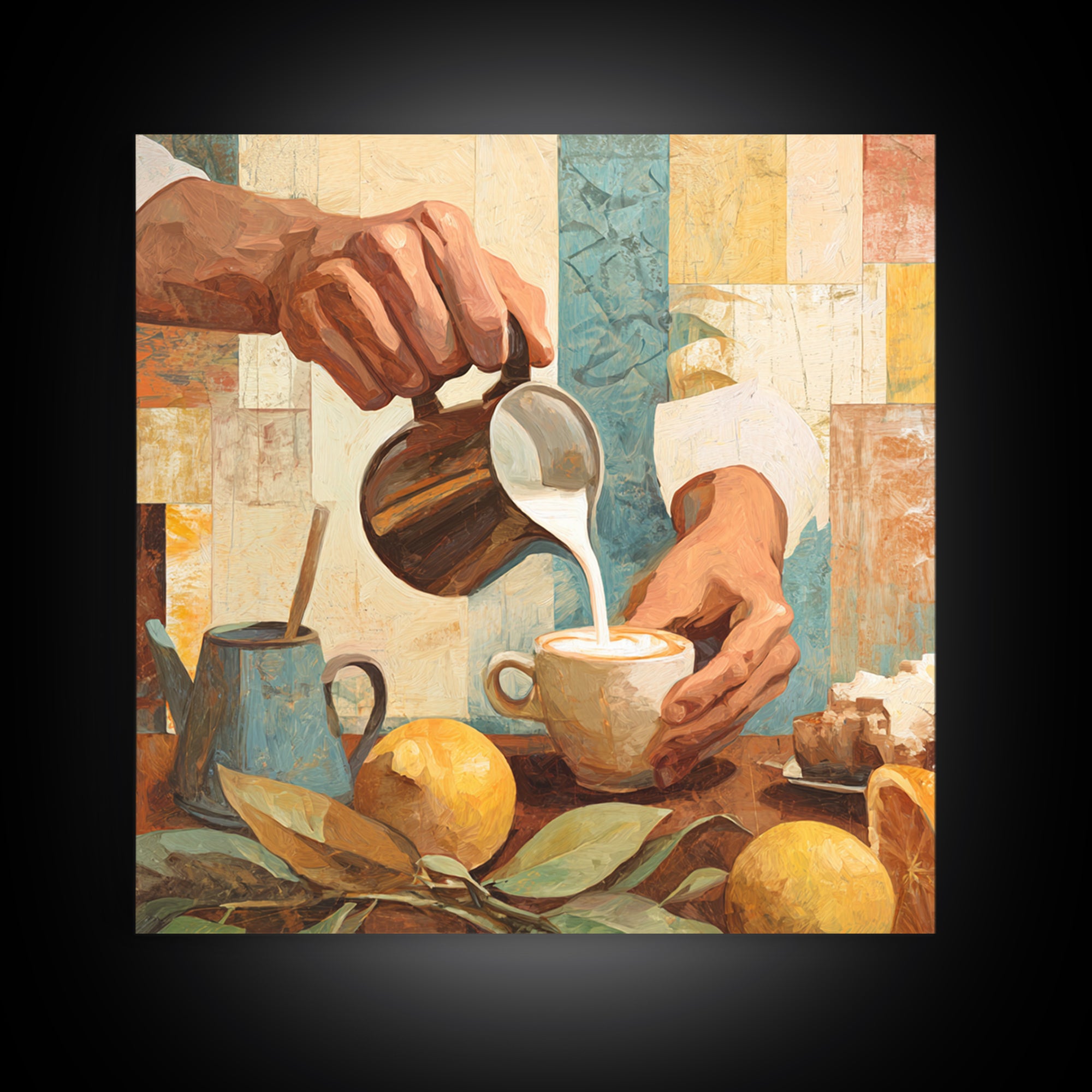 Barista Hands Pouring Milk into Espresso Framed Canvas Print, Coffee Shop Art, Wall Art, Cafe Decor, Oil Painting, Cafe, CSA-1x1-93