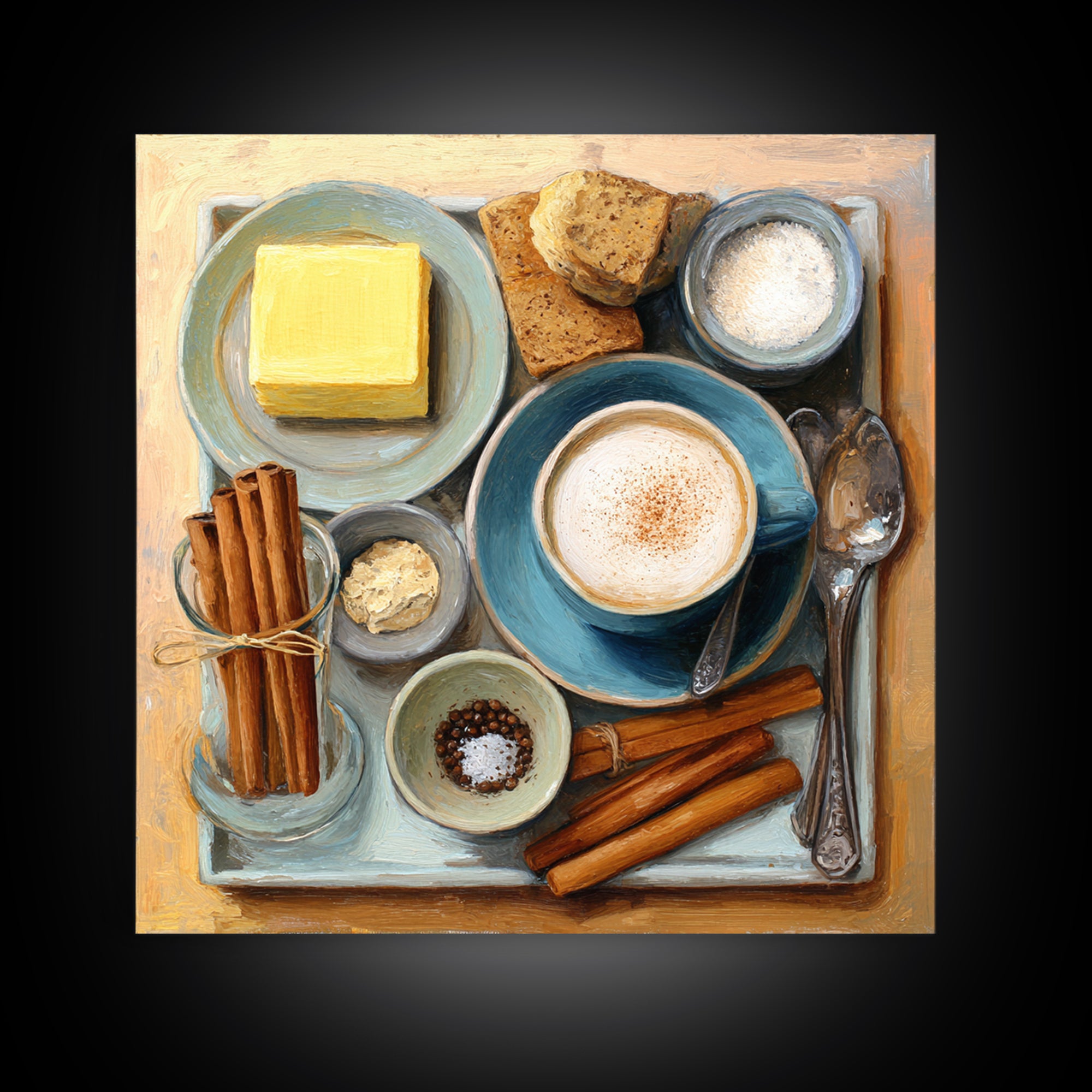 Cinnamon Sticks and Cappuccino Foam Still Life Framed Canvas Print, Coffee Shop Art, Printable Wall Art, Cafe Decor, Cafe, CSA-1x1-96