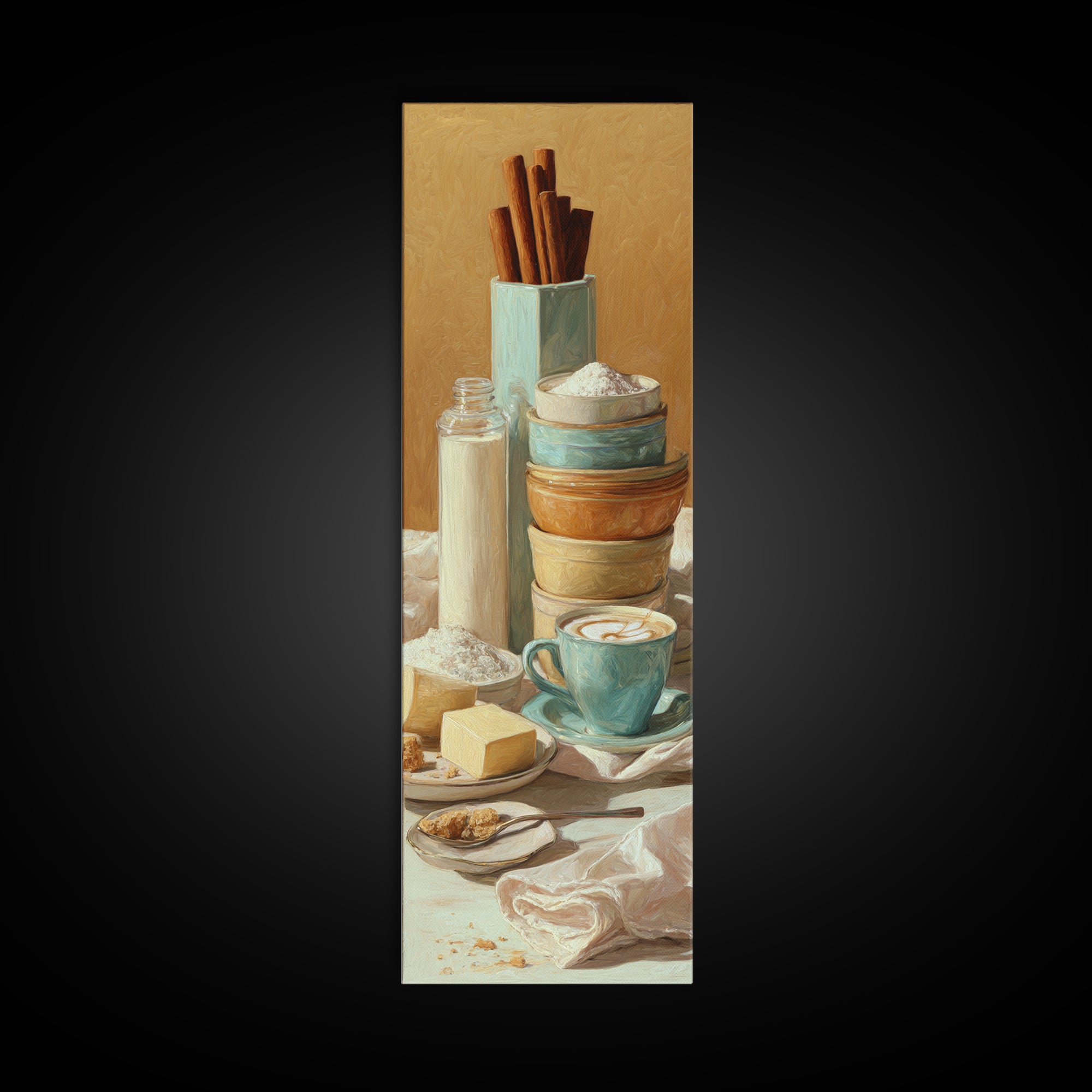Cinnamon Sticks and Cappuccino Foam Still Life Canvas Print, Coffee Shop Art, Wall Art, Cafe Decor, Oil Painting, Cafe, CSA-1x3-12