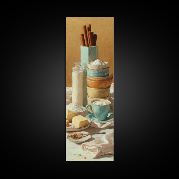 Cinnamon Sticks and Cappuccino Foam Still Life Canvas Print, Coffee Shop Art, Wall Art, Cafe Decor, Oil Painting, Cafe, CSA-1x3-12