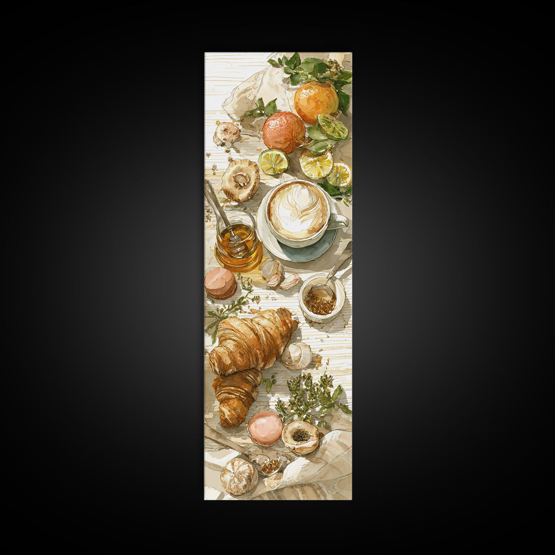 Croissant and Cappuccino on Striped Cloth Canvas Print, Coffee Shop Art, Wall Decor, Cafe Decor, Fine Art, Cafe, Kitchen Gift, CSA-1x3-17