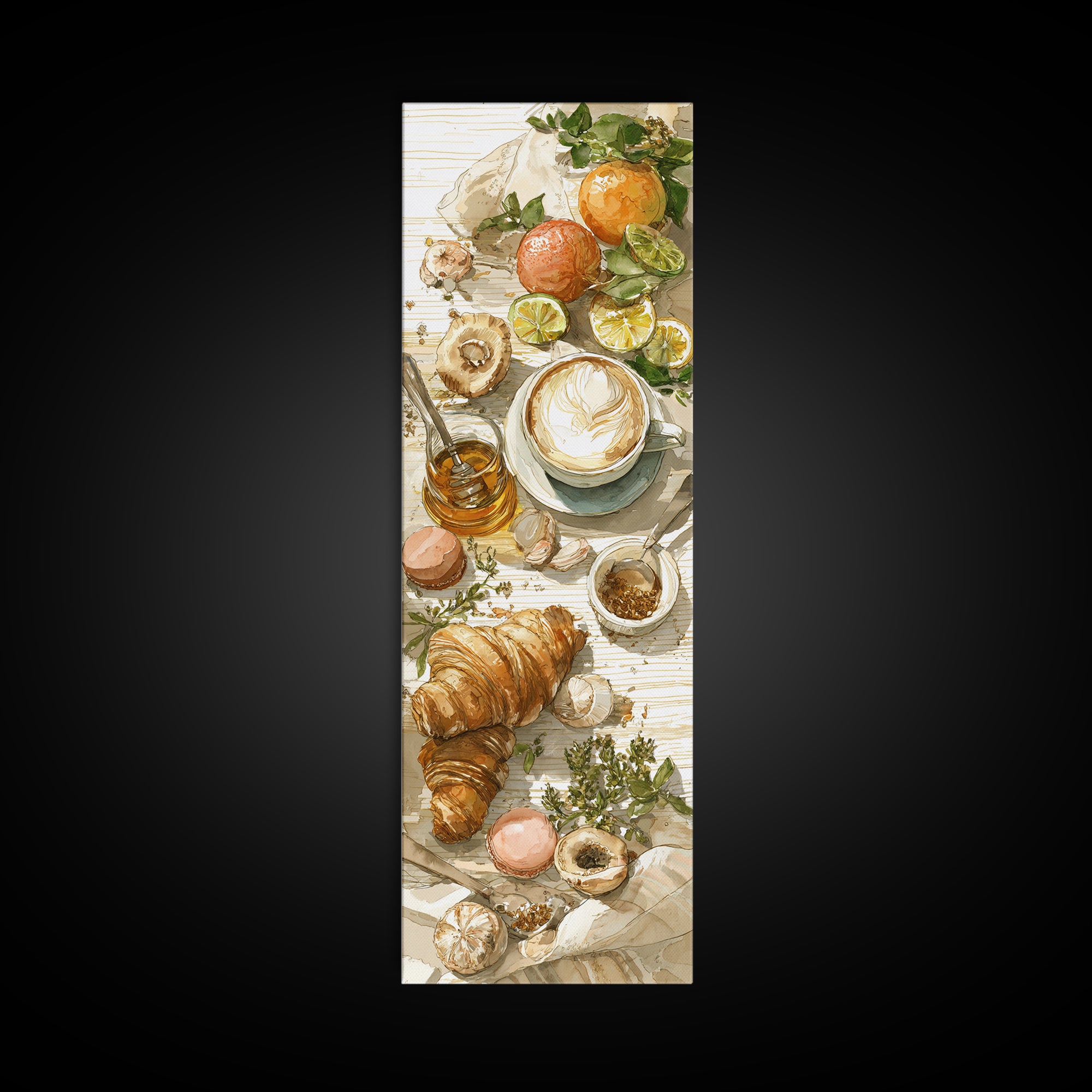 Croissant and Cappuccino on Striped Cloth Canvas Print, Coffee Shop Art, Wall Decor, Cafe Decor, Fine Art, Cafe, Kitchen Gift, CSA-1x3-17