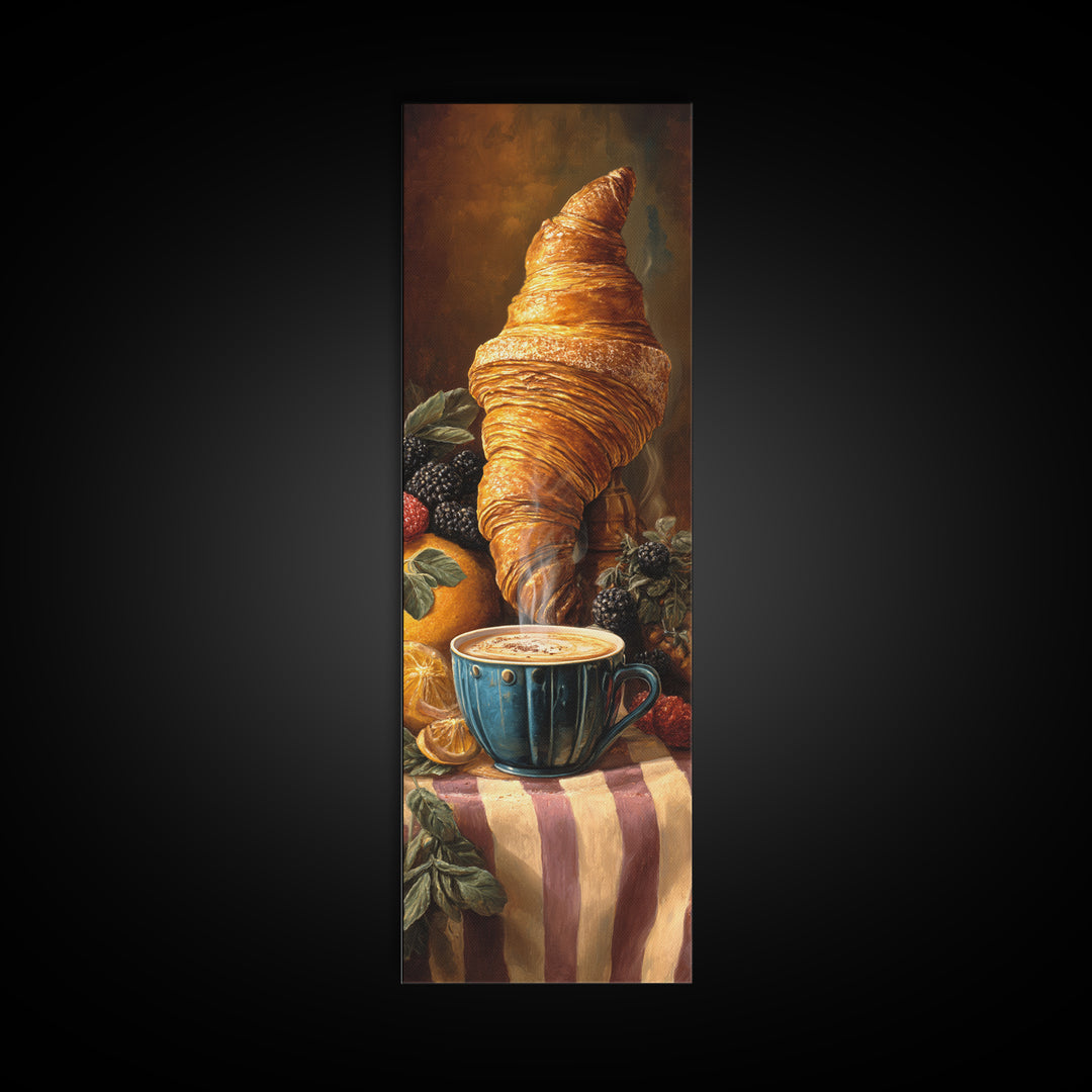 Croissant and Cappuccino on Striped Cloth Canvas Print, Coffee Shop Art, Moody Wall Art, Cafe Decor, Cafe, Luxury Decor, CSA-1x3-41