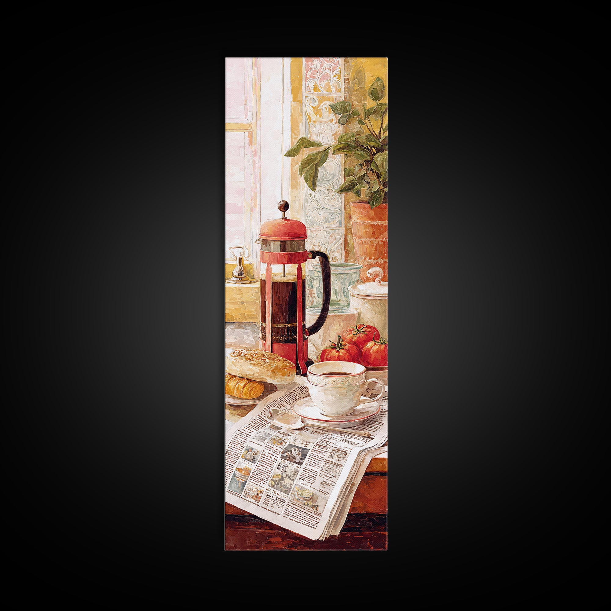 French Press and Morning Newspaper Without Readable Framed Canvas Print, Coffee Shop Art, Modern Decor, Cafe Decor, Cafe, CSA-1x3-46