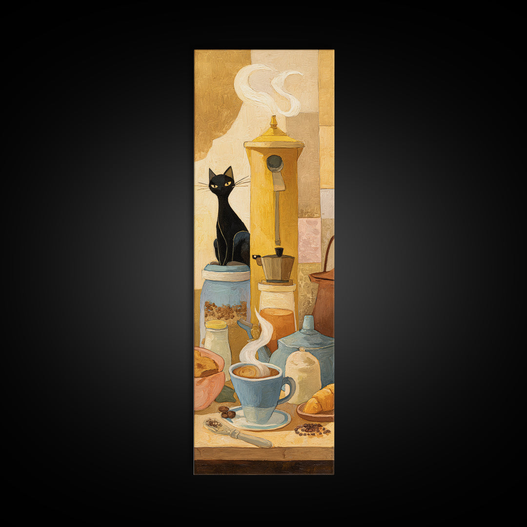 Black Cat Beside a Steaming Cup Framed Canvas Print, Coffee Shop Art, Fine Art Print, Cafe Decor, Fine Art, Cafe, Printable, CSA-1x3-50