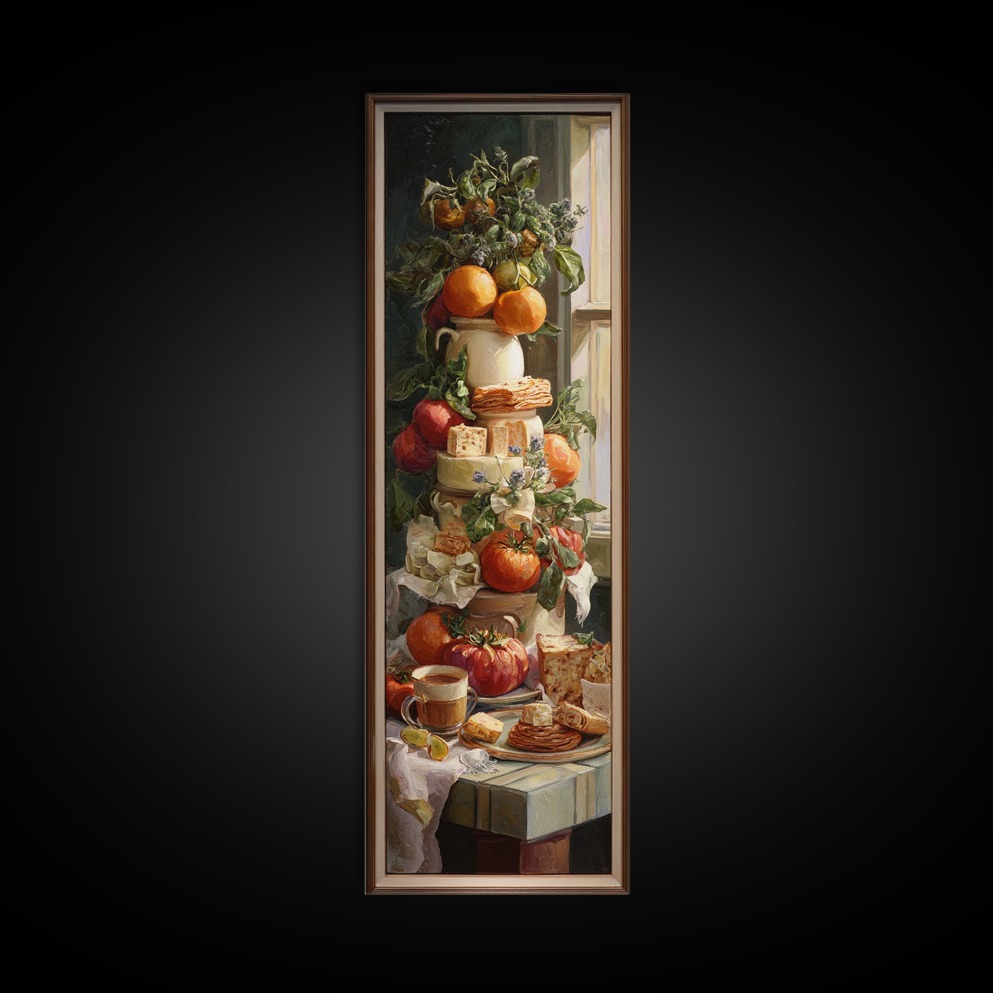 Sunlit Pastry and Coffee Arrangement Canvas Print, Coffee Shop Art, Kitchen Wall Decor, Cafe Decor, Oil Painting, Cafe, CSA-1x3-55