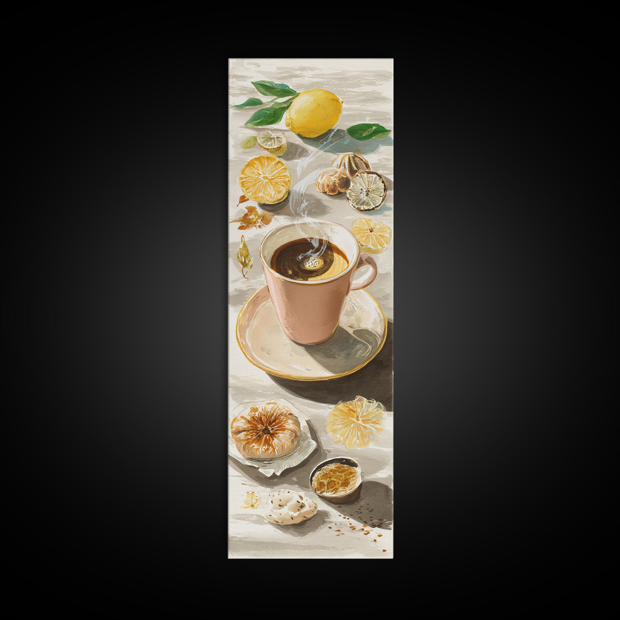 Espresso Cup with Rising Steam and Warm Framed Canvas Print, Coffee Shop Art, Art Print, Cafe Decor, Cafe, Dark Academia Decor, CSA-1x3-61