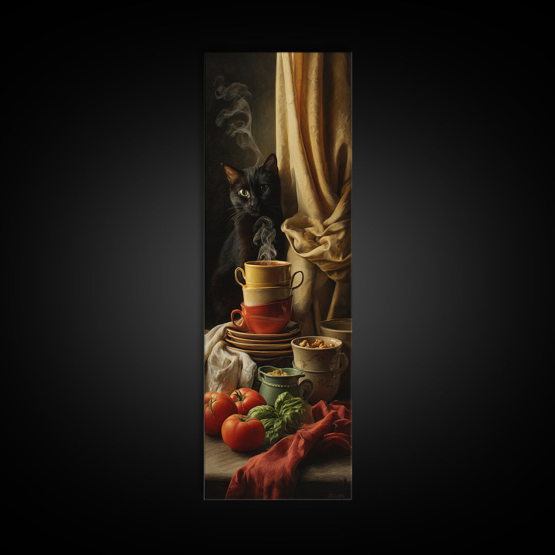 Black Cat Beside a Steaming Cup Framed Canvas Print, Coffee Shop Art, Fine Art Print, Cafe Decor, Fine Art, Cafe, Printable, CSA-1x3-74