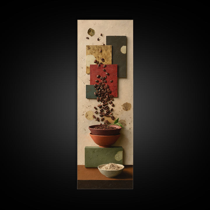 Roasted Beans Falling Through Dark Space Framed Canvas Print, Coffee Shop Art, Contemporary Art, Cafe Decor, Fine Art, Cafe, CSA-1x3-8