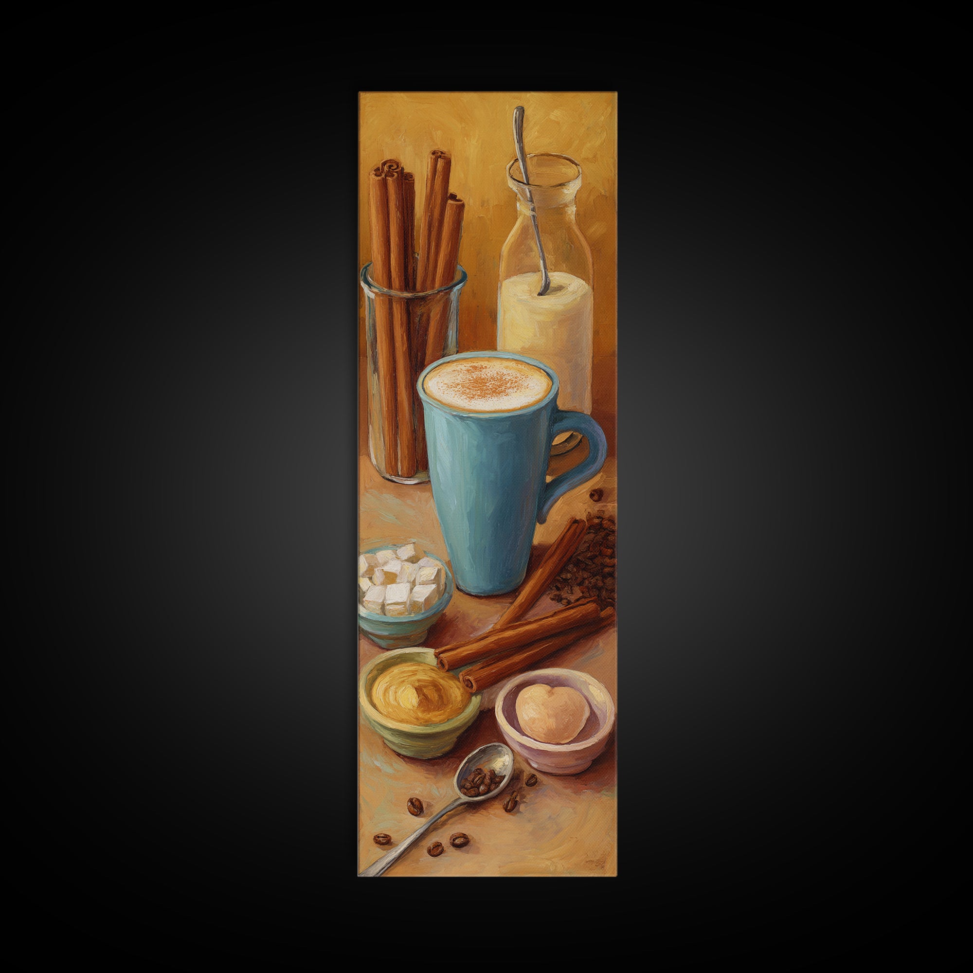 Cinnamon Sticks and Cappuccino Foam Still Life Framed Canvas Print, Coffee Shop Art, Dopamine Decor, Cafe Decor, Fine Art, Cafe, CSA-1x3-84