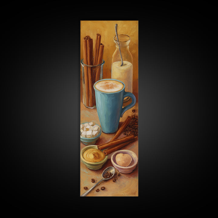Cinnamon Sticks and Cappuccino Foam Still Life Framed Canvas Print, Coffee Shop Art, Dopamine Decor, Cafe Decor, Fine Art, Cafe, CSA-1x3-84