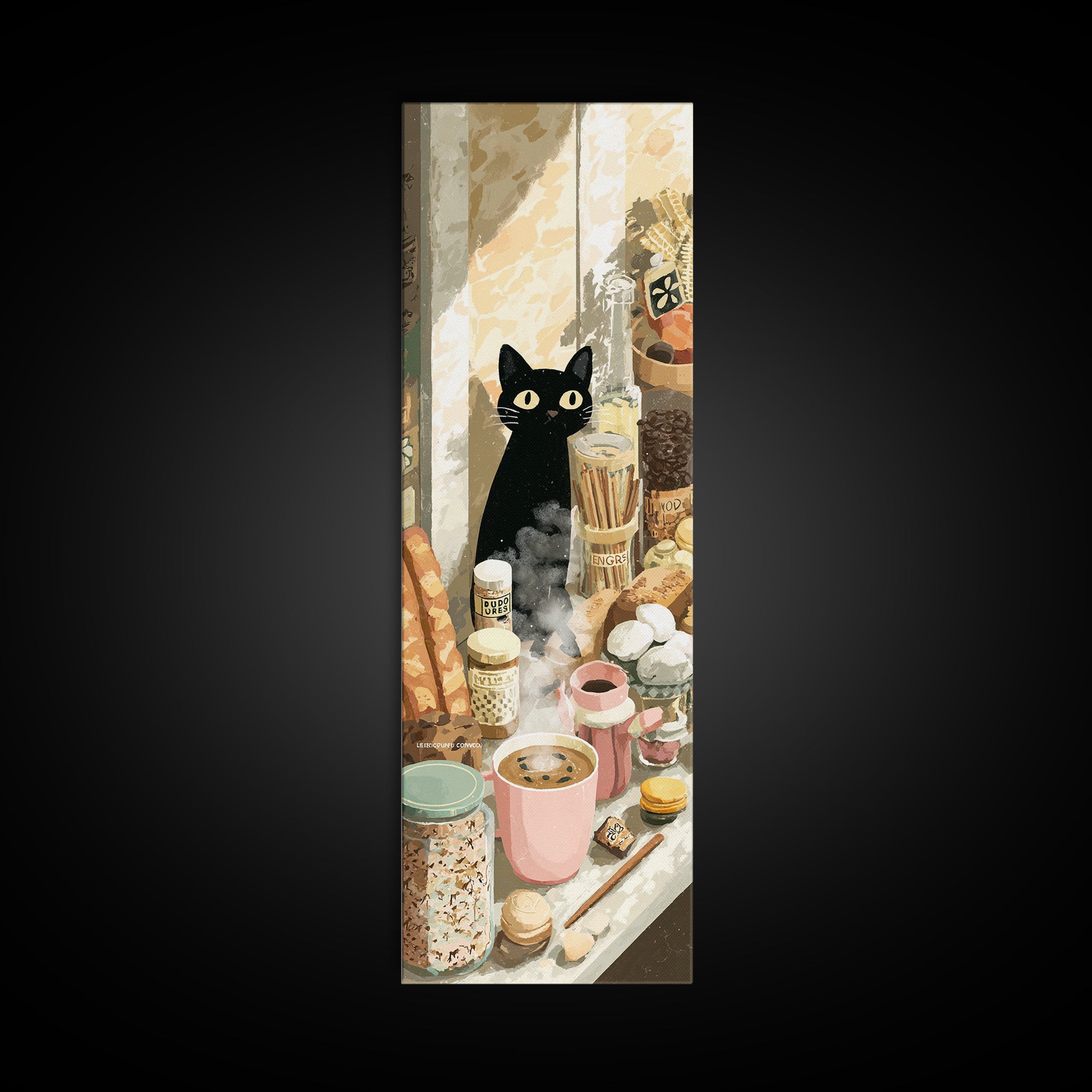 Black Cat Beside a Steaming Cup Canvas Print, Coffee Shop Art, Textured Painting, Cafe Decor, Fine Art, Cafe, Kitchen Decor, CSA-1x3-98