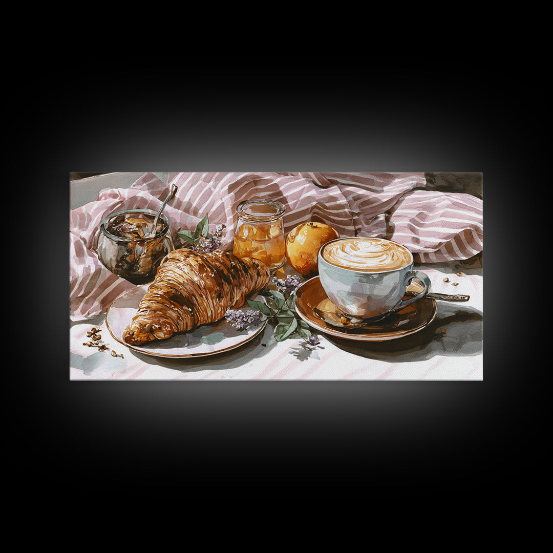 Croissant and Cappuccino on Striped Cloth Framed Canvas Print, Coffee Shop Art, Canvas Wall Art, Cafe Decor, Fine Art, Cafe, CSA-2x1-1