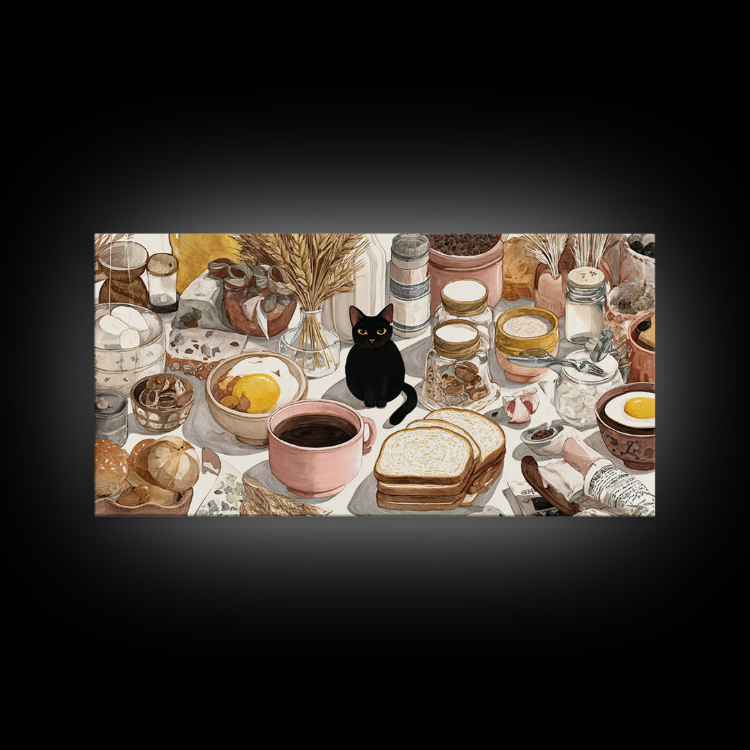 Black Cat Beside a Steaming Cup Framed Canvas Print, Coffee Shop Art, Contemporary Art, Cafe Decor, Cafe, Printable Art, CSA-2x1-10