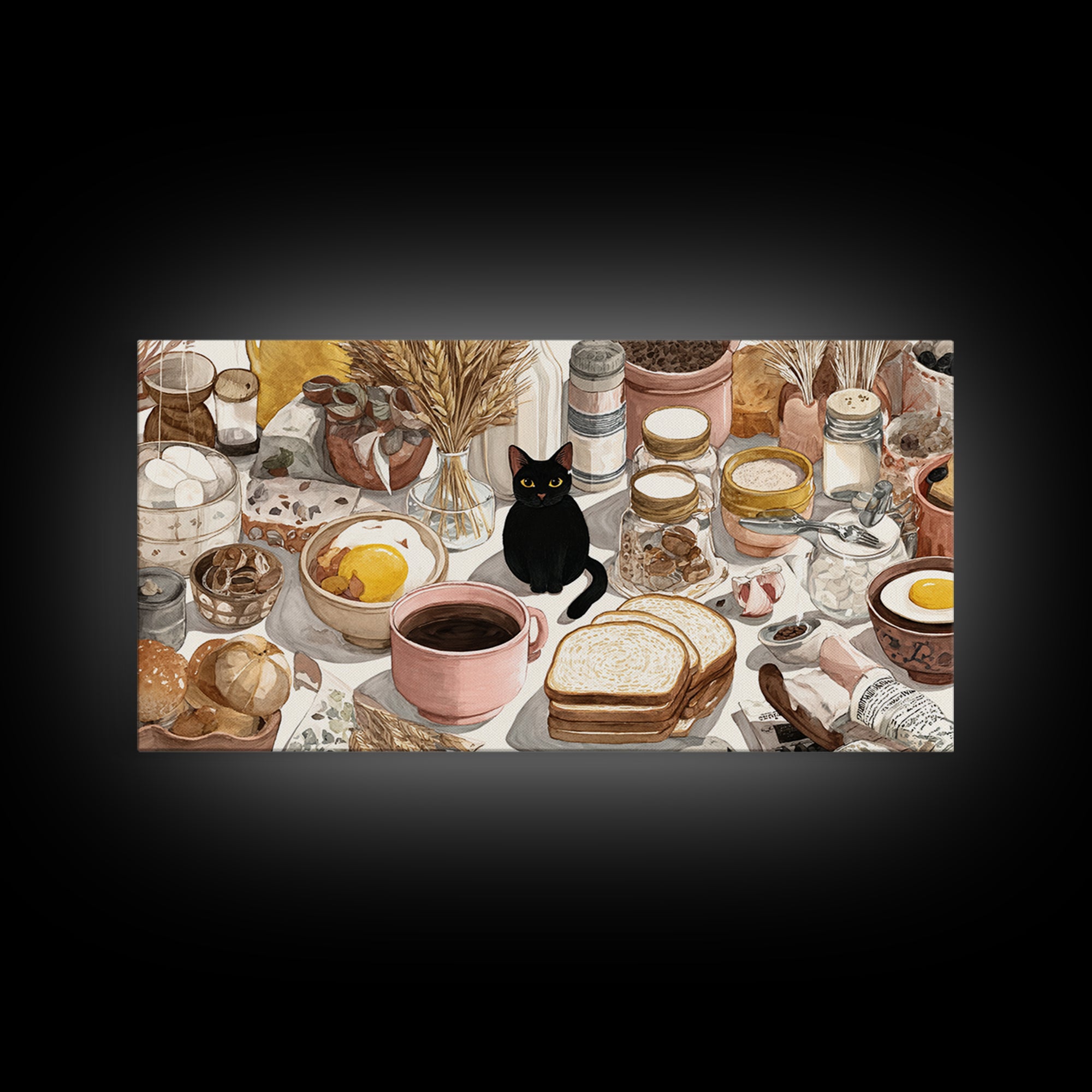Black Cat Beside a Steaming Cup Framed Canvas Print, Coffee Shop Art, Contemporary Art, Cafe Decor, Cafe, Printable Art, CSA-2x1-10